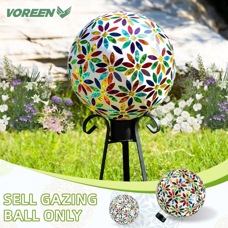 VOREEN Mosaic Glass Gazing Ball, Handmade Reflective Garden Globe for Outdoor Patio Lawn Yard Decor, 10" Multi-Colored Flower Pattern, Festive Decoration for Holiday Atmosphere - Image 2